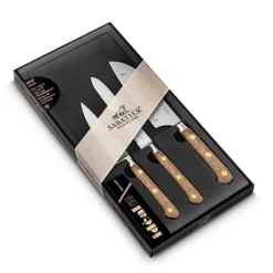 Lion Sabatier® Ideal Perigord 3 Piece Knife Set - 10cm Paring, 12cm Serrated Utility & 13cm Santoku Knife (Walnut Handle With Brass Rivets) -Kitchenknives Shop 892386 2