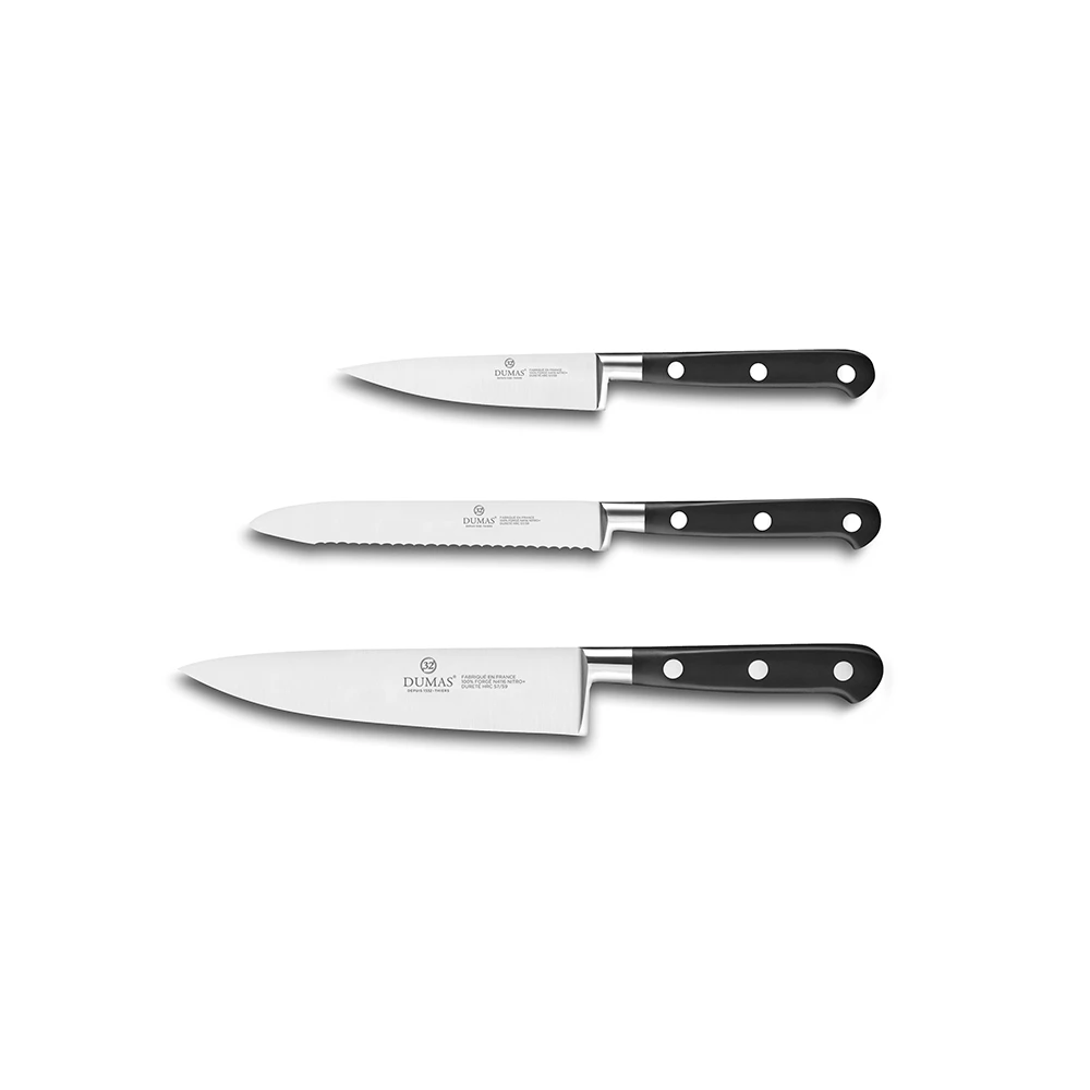 Lion Sabatier® Ideal 3 Piece Knife Set - 10cm Paring, 12cm Serrated Utility & 15cm Cooks Knife (Black Handle With Stainless Steel Rivets) 3 Lion Sabatier® Ideal 3 Piece Knife Set - 10cm Paring, 12cm Serrated Utility & 15cm Cooks Knife (Black Handle With Stainless Steel Rivets)