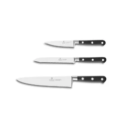 Lion Sabatier® Ideal 3 Piece Knife Set - 10cm Paring, 12cm Serrated Utility & 20cm Cooks Knife (Black Handle With Stainless Steel Rivets)