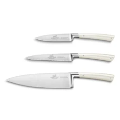 Lion Sabatier® Edonist Perle 3 Piece Knife Set - 10cm Paring, 12cm Serrated Utility & 20cm Cooks Knife (Pearl Handle With Stainless Steel Rivets)