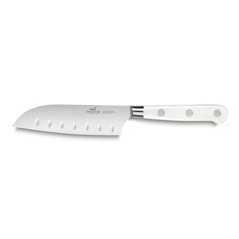 Lion Sabatier® Ideal Toque Blanche 13cm Scalloped Santoku Knife (White Handle With Stainless Steel Rivets) 3 Lion Sabatier® Ideal Toque Blanche 13cm Scalloped Santoku Knife (White Handle With Stainless Steel Rivets)