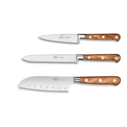 Lion Sabatier® Ideal Provencao 3 Piece Knife Set - 10cm Paring, 12cm Serrated Utility & 13cm Santoku Knife (Olive Handle With Stainless Steel Rivets) -Kitchenknives Shop kk 892385